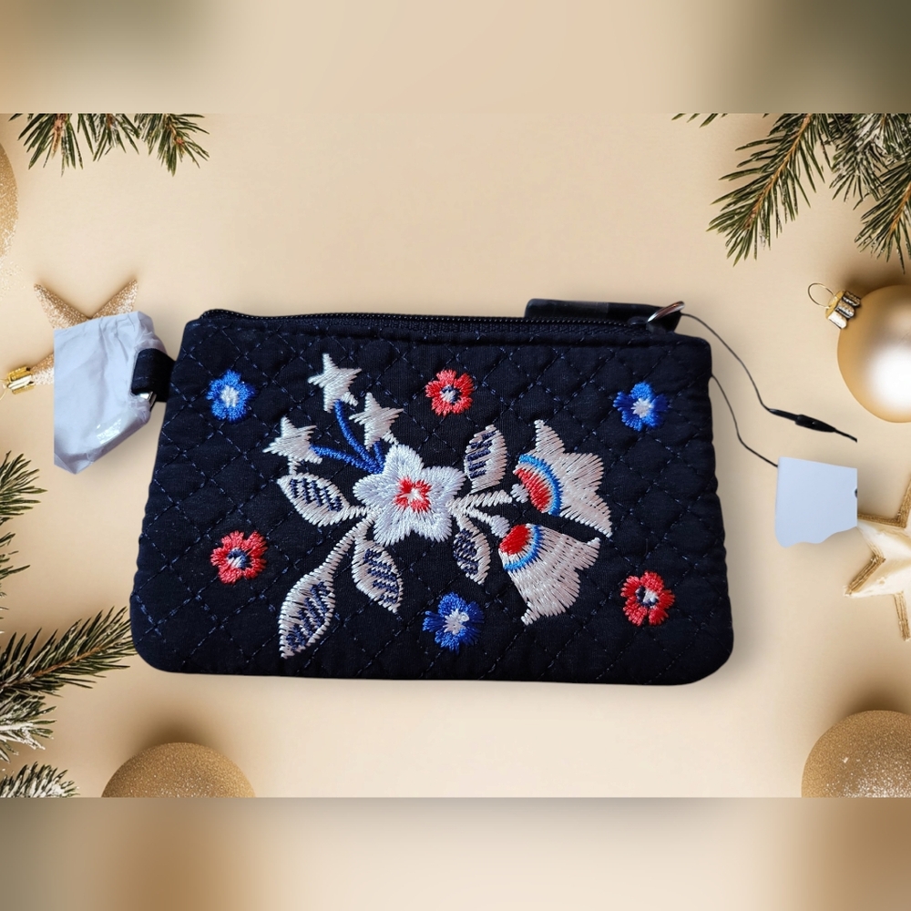 Vera Bradley Iconic Navy Blue Card Case W/ Key Fob Ring Zipper Closure NWT